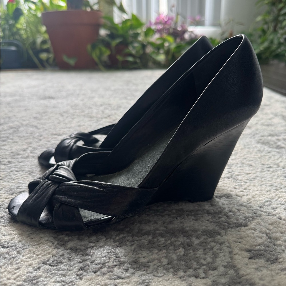 Black Leather Wedge Sandals